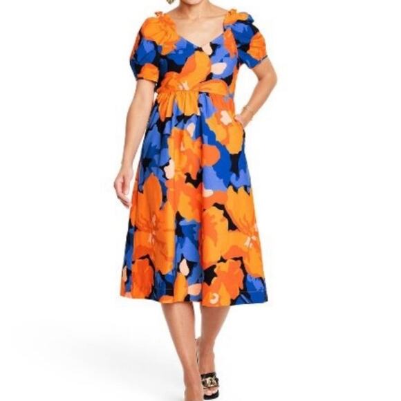 Tabitha Brown for Target Women's Puff Sleeve Tie Back Dress Size 14 Orange Blue - Picture 1 of 15